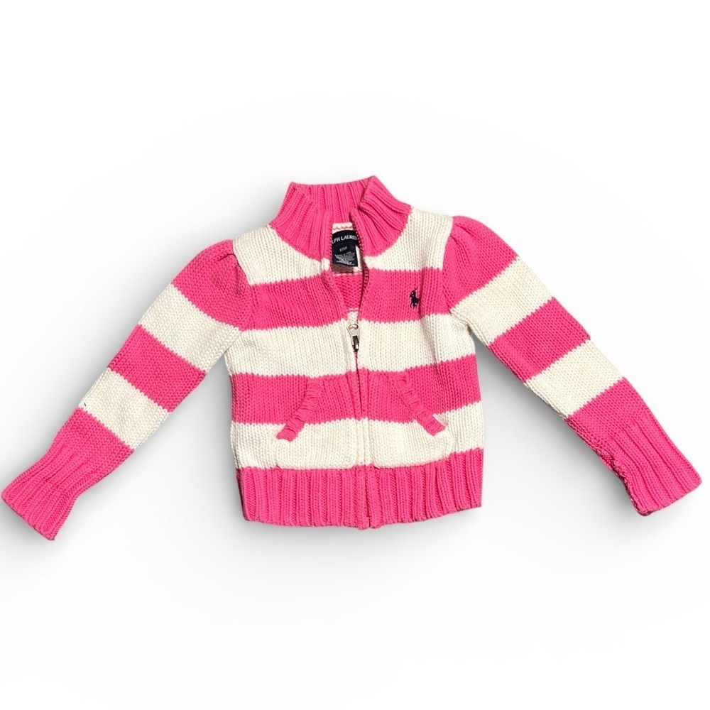 Ralph Lauren Baby Girls Pink White Stripe Knit‎ Zipper Hoodie Sweater 18M